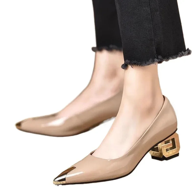 French Vintage High Heels Women's Spring Autumn New Style Metal Head Low Odor Elegant Anti-Kick Commuter Thick Heel Single Shoes - LKBA