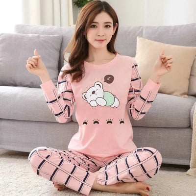 Autumn 2pieces Pyjamas Set Women Thin Sexy Sleepwear Lovely Home Suit 2025 Round Neck Girls Teacup Sleepwear Long Sleeve Pajamas - LKBA