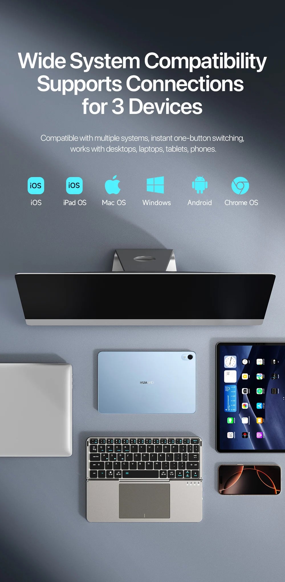 Foldable Bluetooth 5.0 Keyboard with Touchpad & Phone Holder for Phones Tablets PC iOS Android Windows Mac - LKBA