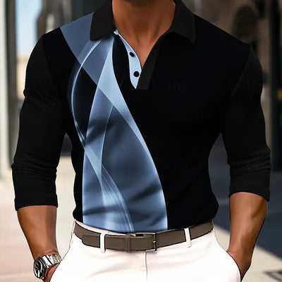 2025 Fashion Men's Geometry Stripe Long Sleeve Polo Shirt Breathable Casual Tops Slim Fit Quick Drying Classic Collar Polo Shirt - LKBA