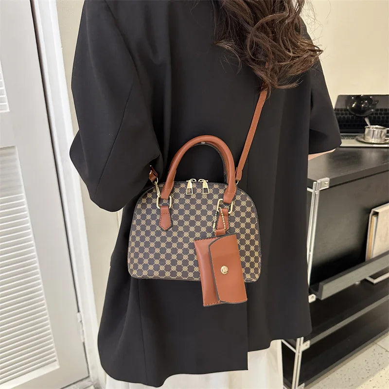 Luxury Shell Fashion Women's Handbag Simple Shoulder Bag Plaid Print Crossbody Bag with Mini Purse - LKBA