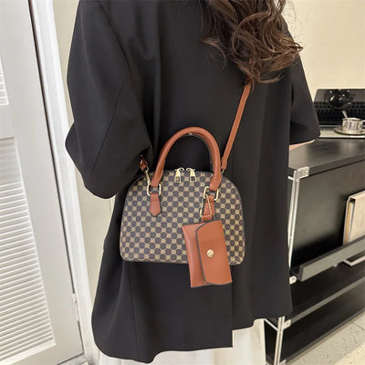 Luxury Shell Fashion Women's Handbag Simple Shoulder Bag Plaid Print Crossbody Bag with Mini Purse - LKBA