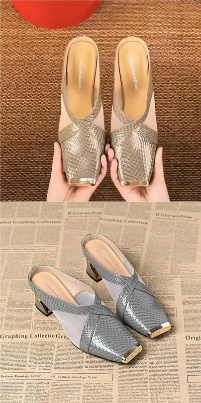 2025 New Women's Fashion Iron Head Thick Heel High Heel Half Slippers Summer Outdoor Wear Rubber Upper Foot Cover Shoes - LKBA