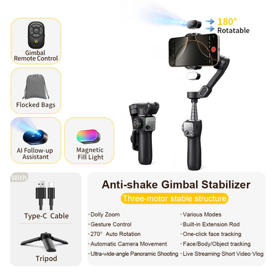 Handheld Anti-shake Gimbal Stabilizer Travel Extended Selfie Stick Face Tracking Phone Stand - LKBA