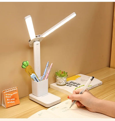 LED double-head desk lamp, 3-level dimmable touch night light, USB rechargeable, eye-protection, foldable bedside reading desk - LKBA