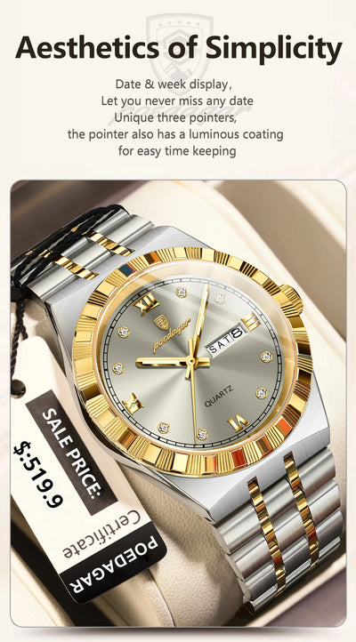 POEDAGAR Original Military Man Wristwatch Quartz Week Date Watch For Men Waterproof Luminous Stainless Steel Men's Watches Reloj - LKBA