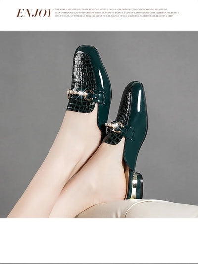 Summer New Pearl Painted Leather Low Heel Women's Slippers High Quality Flat Bottom Half Slippers Comfortable Fashionable - LKBA