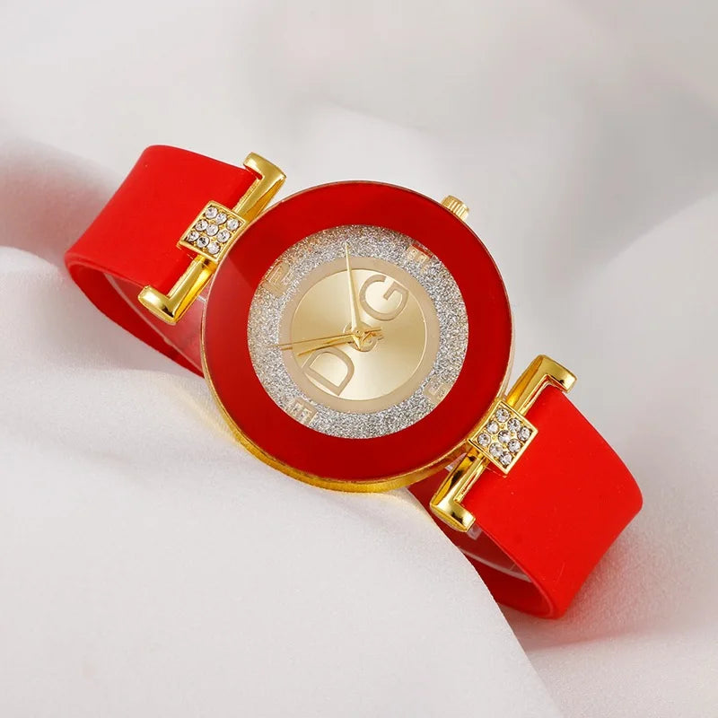 Luxury TOP DQG Brand Ladies Watch Red Silicone Diamond Men Digital Quartz Wrist Watches For Women Montre Femme Dropshipping Gift - LKBA