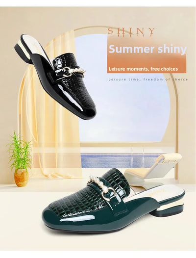 Summer New Pearl Painted Leather Low Heel Women's Slippers High Quality Flat Bottom Half Slippers Comfortable Fashionable - LKBA