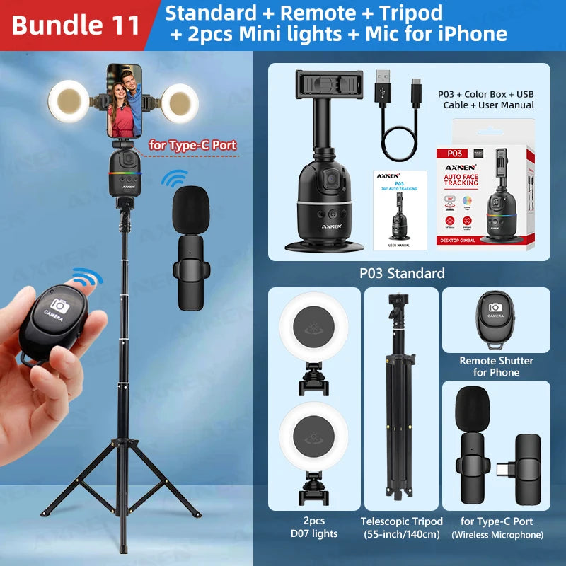 Auto Face Tracking Desktop Gimbal Intelligent Rotating Holder for Mobile Phone - Option Wireless Remote Selfie Smartphone Tripod