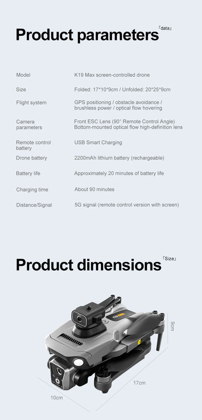 New K19 Max Drone 4.5-Inch Large Screen 360° Obstacle Avoidance GPS Positioning Optical Flow Positioning RC Airdrop Device - LKBA