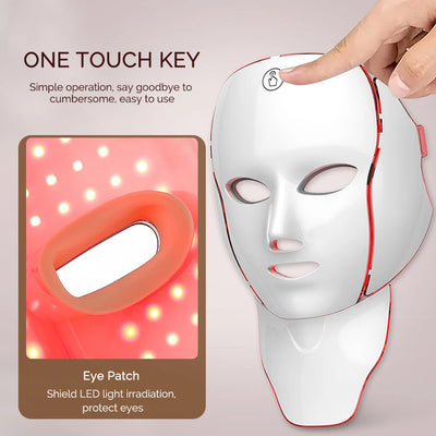 LED Facial Mask with Neck 7 Colors Light Therapy Red Light Facial Mask for Anti-Aging Rejuvenation Brighten Skin Beauty Device - LKBA