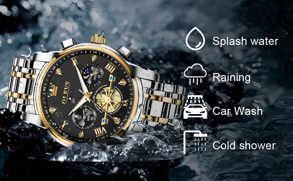 OLEVS 2856 Quartz Watch for Men Flywheel Skeleton Chronograph Moon Phase Multifunctional Stainless steel Men's Wristwatches - LKBA