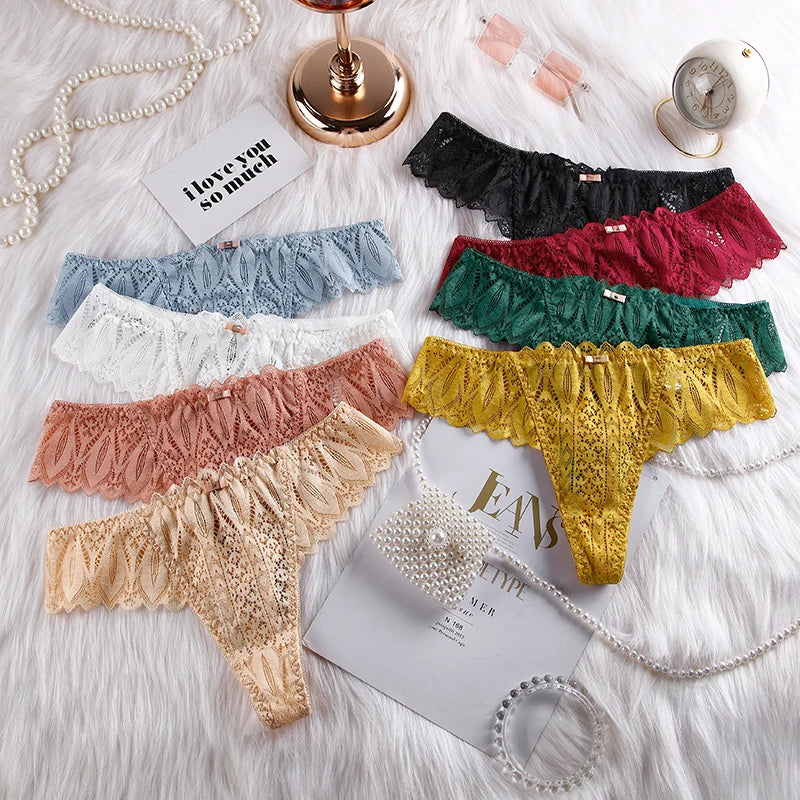 BANNIROU Women's Thongs Underwear Female Intimates T-back G-string Sexy Transparent Lace Low-Rise Panties Lingerie For Woman - LKBA