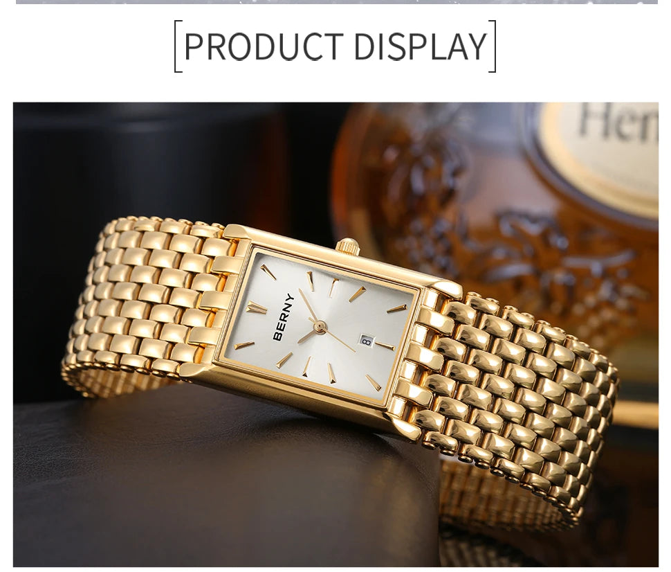 BERNY Gold Watch for Couple Luxury Women/Men Wristwatch Waterproof Golden Clock Quartz Stainless Steel Fashion Men Ladies Watch - LKBA