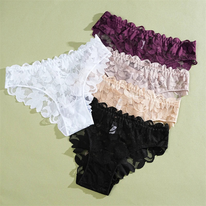 2Pcs Women's Satin Floral Lace Underwear Sexy Hollow Out Panties Solid Low-Waist Perspective Briefs Girls Soft Lingerie - LKBA