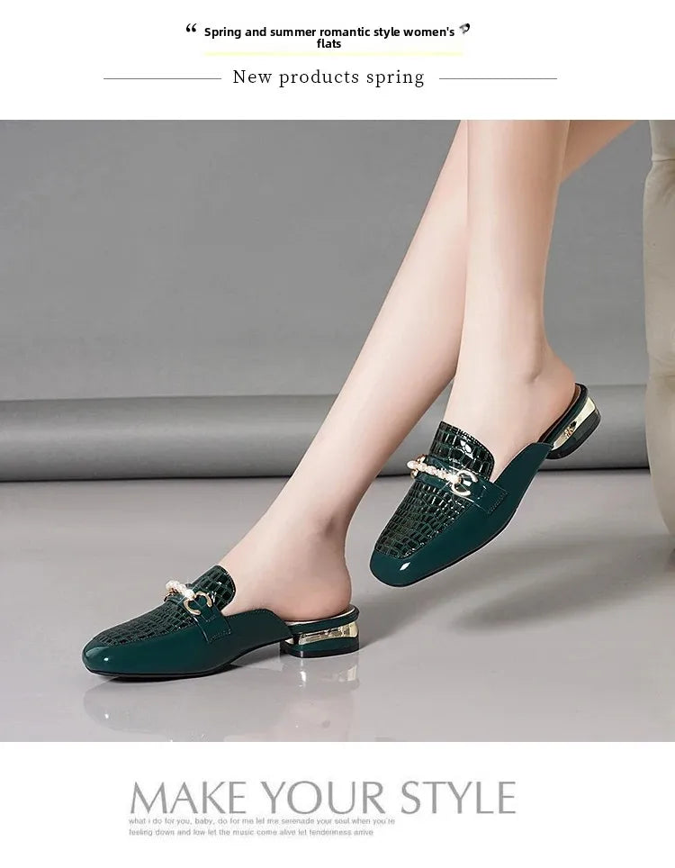 Summer New Pearl Painted Leather Low Heel Women's Slippers High Quality Flat Bottom Half Slippers Comfortable Fashionable - LKBA
