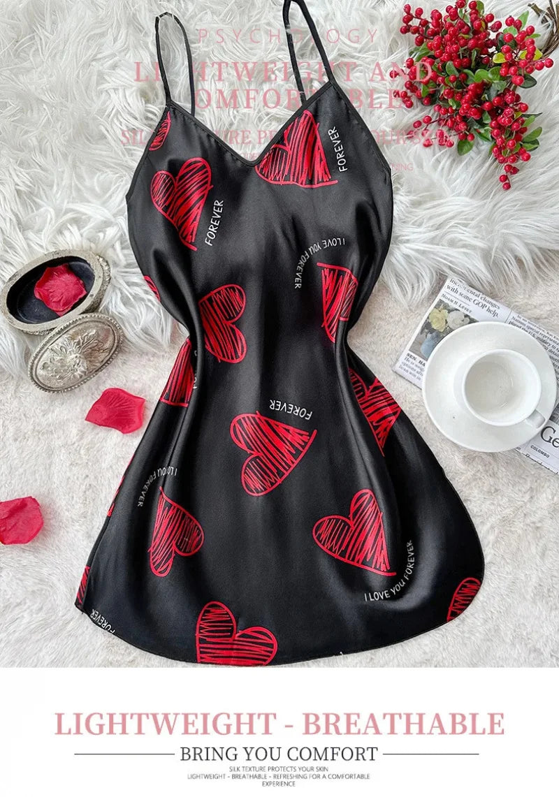 Valentine's Day Red Lip Print Satin Slip Nightdress V Neck Backless Mini Sleep Dress Women's Sleepwear Dresses - LKBA