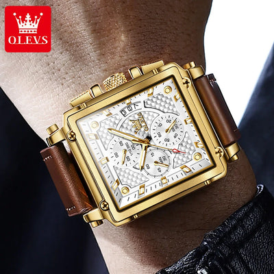 OLEVS Luxury Classic Men's Watches Top Brand Original Quartz Square Quartz Watch for Man Leather Strap Waterproof Luminous Date - LKBA
