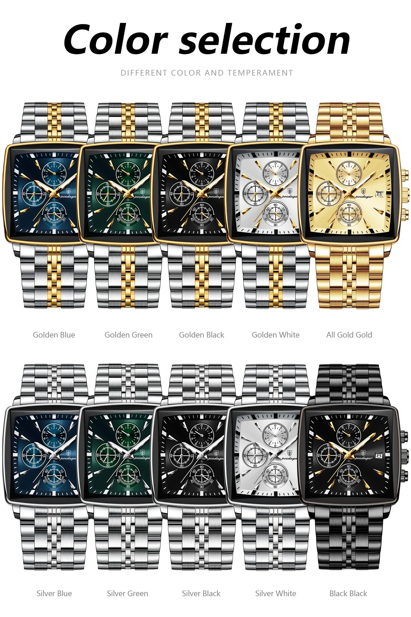 POEDAGAR Square Men Watch Waterproof Luminous Chronograph Calendar Man Wristwatch Stainless Steel Quartz Men's Watches+Box Reloj - LKBA