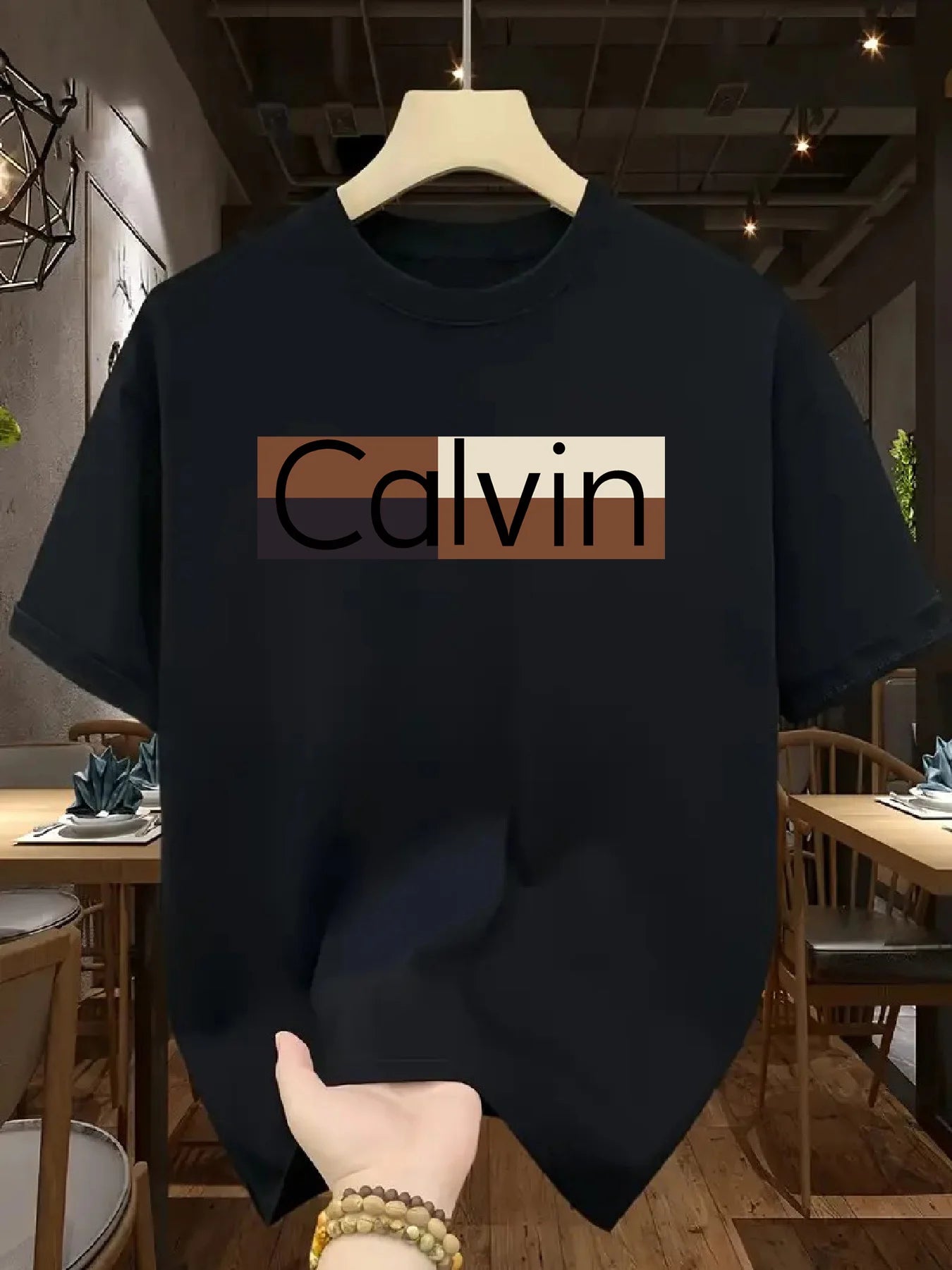 Men's summer 100% pure cotton fashionable casual sports loose Calvin pattern printed round neck short sleeved T-shirt top - LKBA