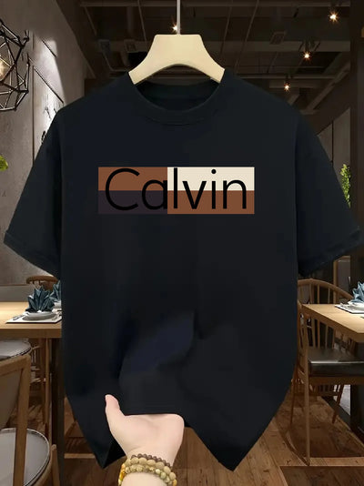 Men's summer 100% pure cotton fashionable casual sports loose Calvin pattern printed round neck short sleeved T-shirt top - LKBA