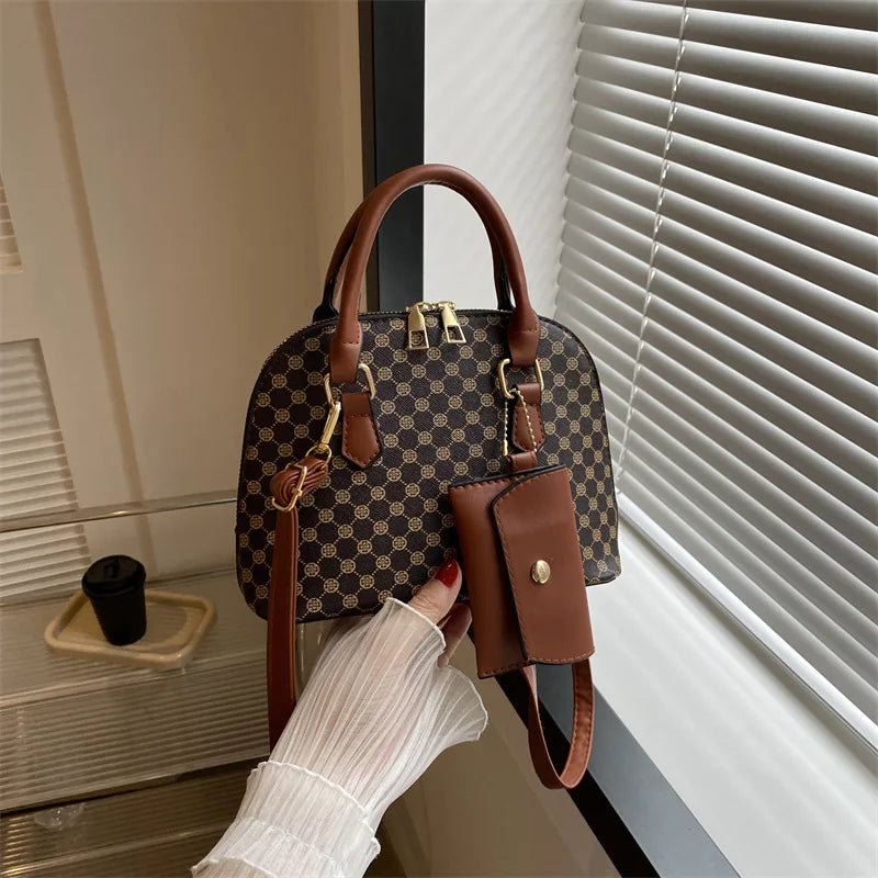 Luxury Shell Fashion Women's Handbag Simple Shoulder Bag Plaid Print Crossbody Bag with Mini Purse - LKBA