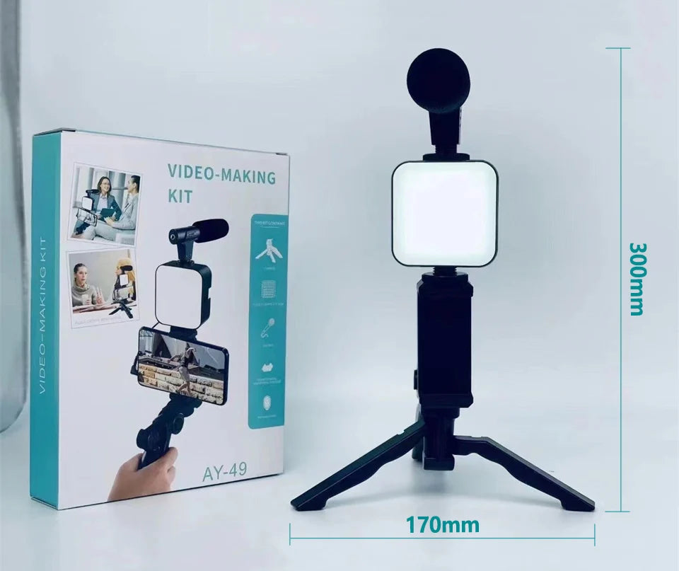 Smartphone Vlogging Kit with Tripod Phone Holder Mini Microphone LED Fill Light - LKBA