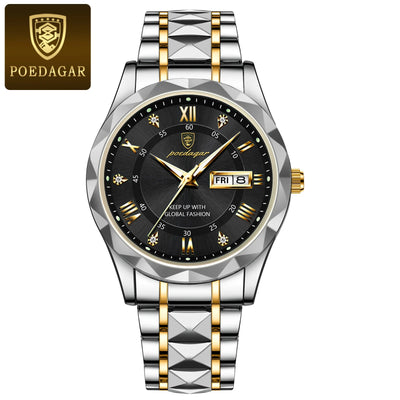POEDAGAR Top Brand Luxury Men's Watches Waterproof Luminous Calendar Week Watch For Man Casual Stainless Steel Quartz Men Watch - LKBA