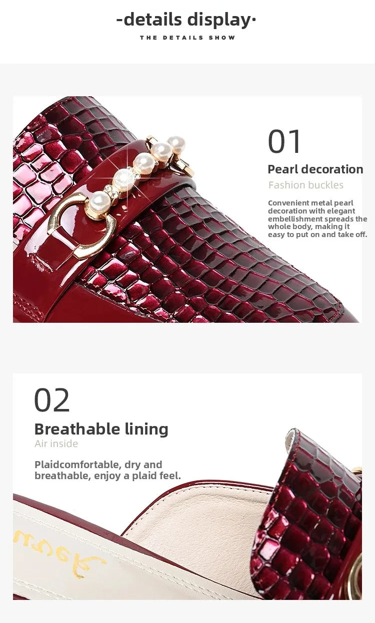 Summer New Pearl Painted Leather Low Heel Women's Slippers High Quality Flat Bottom Half Slippers Comfortable Fashionable - LKBA