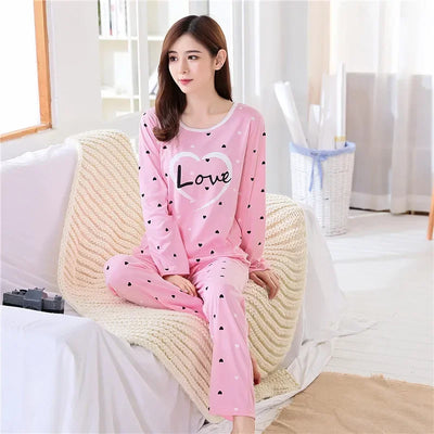 Autumn 2pieces Pyjamas Set Women Thin Sexy Sleepwear Lovely Home Suit 2025 Round Neck Girls Teacup Sleepwear Long Sleeve Pajamas - LKBA