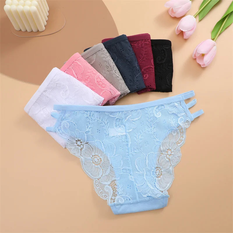 3PC/Set Women's Sexy Floral Lace Panties Low Rise Hollow Out Briefs Transparent Underwear Female Elastic Straps Soft Lingerie - LKBA