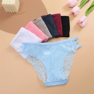 3PC/Set Women's Sexy Floral Lace Panties Low Rise Hollow Out Briefs Transparent Underwear Female Elastic Straps Soft Lingerie - LKBA