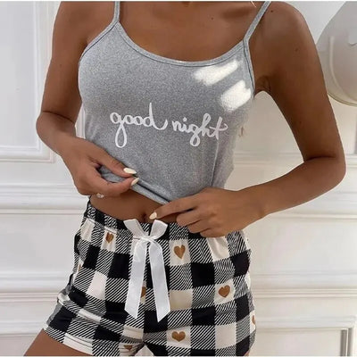Summer Women's Sexy Camisole Pajama Set Women's Printed Letter Top Paired with Checkered Printed Shorts Home Pajama Set - LKBA