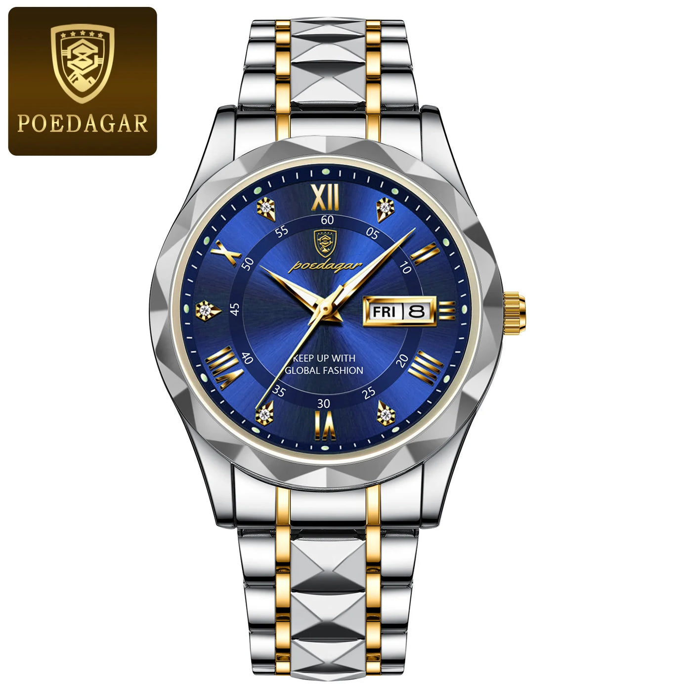POEDAGAR Top Brand Luxury Men's Watches Waterproof Luminous Calendar Week Watch For Man Casual Stainless Steel Quartz Men Watch - LKBA