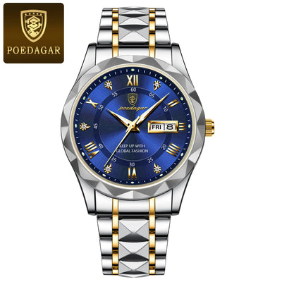 POEDAGAR Top Brand Luxury Men's Watches Waterproof Luminous Calendar Week Watch For Man Casual Stainless Steel Quartz Men Watch - LKBA