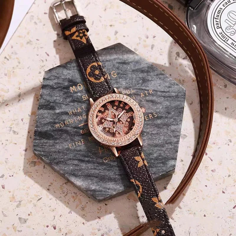 Classic Fashion Quartz Wristwatches Sparkling Rhinestone Women's Watches Leather Strap Relojes Para Damas - LKBA