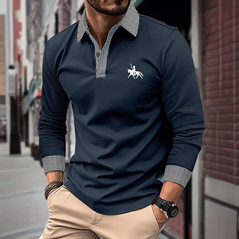 Spring and Autumn Men's Long Sleeve Polo Shirt Classic Business Office T-shirt Male Street Casual Fashion Solid Color Top - LKBA