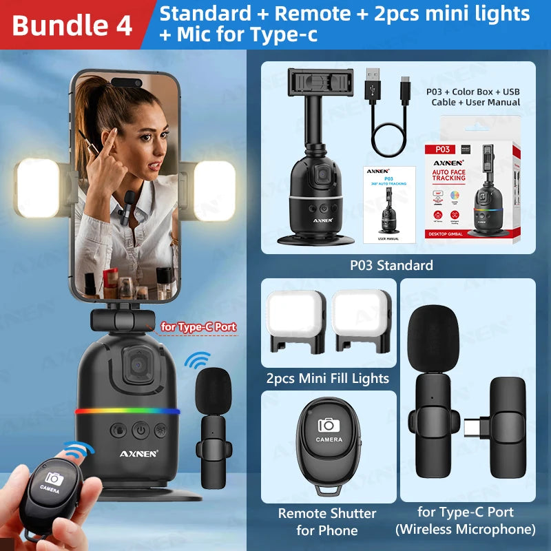 Auto Face Tracking Desktop Gimbal Intelligent Rotating Holder for Mobile Phone - Option Wireless Remote Selfie Smartphone Tripod