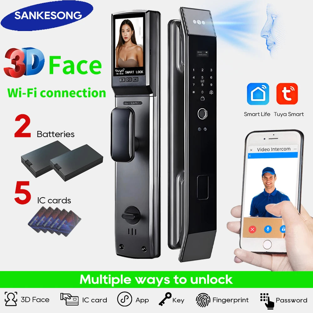 SANKESONG Tuya Smart 3D Face Door Lock Security Camera Monitor Intelligent Fingerprint Password Biometric Dual Battery - LKBA