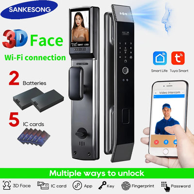 SANKESONG Tuya Smart 3D Face Door Lock Security Camera Monitor Intelligent Fingerprint Password Biometric Dual Battery - LKBA