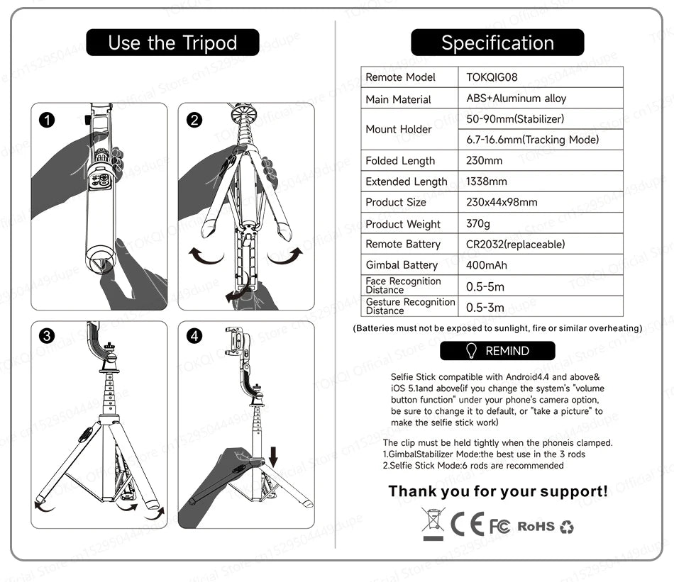 C22 AI Face Tracking Handheld Gimbal Stabilizer 360° Rotation Shoot Selfie Stick Tripod
