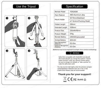 C22 AI Face Tracking Handheld Gimbal Stabilizer 360° Rotation Shoot Selfie Stick Tripod