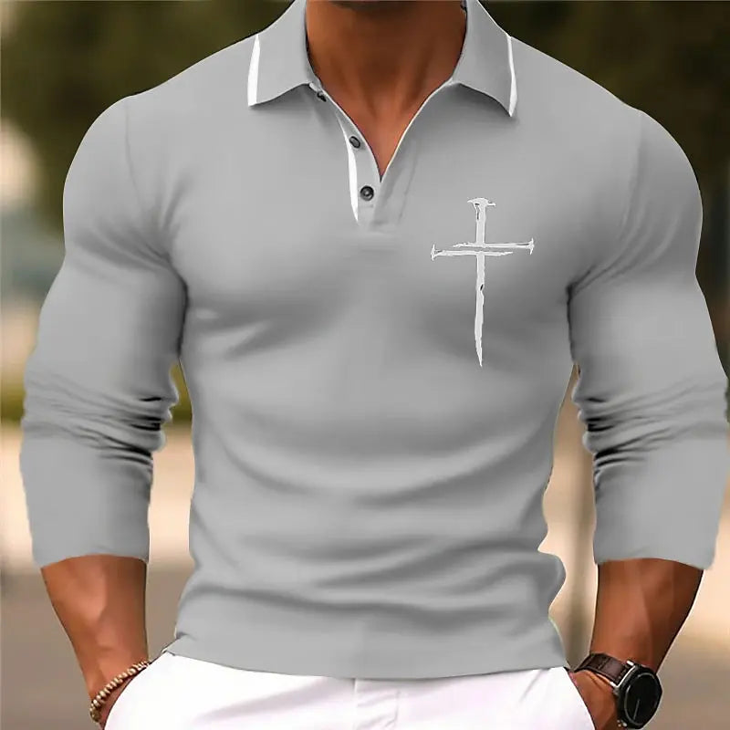 Men's 3D Printed Cross Pattern Golf Shirt Long Sleeve Polo Shirt Business Casual - LKBA