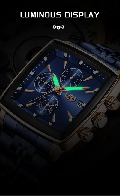 LIGE Top Brand Luxury Mens Watches Fashion Military Square Chronograph Quartz Wristwatches For Men Sports Waterproof Watch Men - LKBA