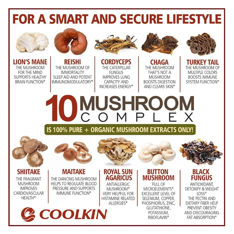 10 Mushroom Complex - Boost Energy, Improve Brain Function, Enhance Memory and Concentration, and Boost Immunity - LKBA