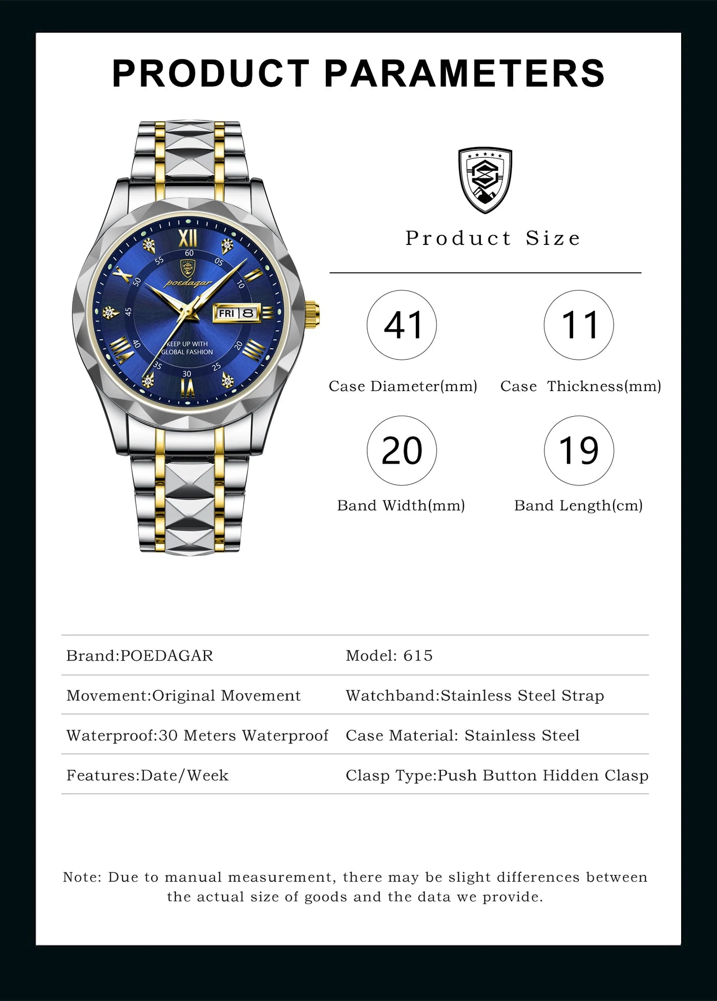 POEDAGAR Top Brand Luxury Men's Watches Waterproof Luminous Calendar Week Watch For Man Casual Stainless Steel Quartz Men Watch - LKBA