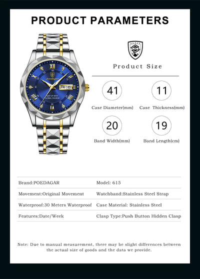 POEDAGAR Top Brand Luxury Men's Watches Waterproof Luminous Calendar Week Watch For Man Casual Stainless Steel Quartz Men Watch - LKBA