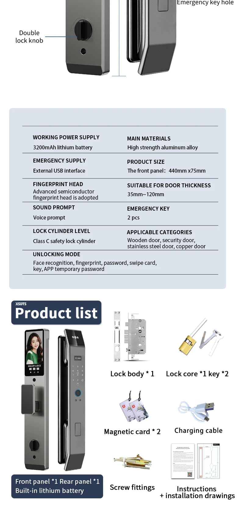 XSDTS Wifi Tuya APP Face Recognition Smart Door Lock with Camera Video Call Voice Intercom Digital Door Lock Automatic Door Lock - LKBA