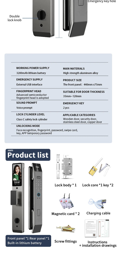 XSDTS Wifi Tuya APP Face Recognition Smart Door Lock with Camera Video Call Voice Intercom Digital Door Lock Automatic Door Lock - LKBA